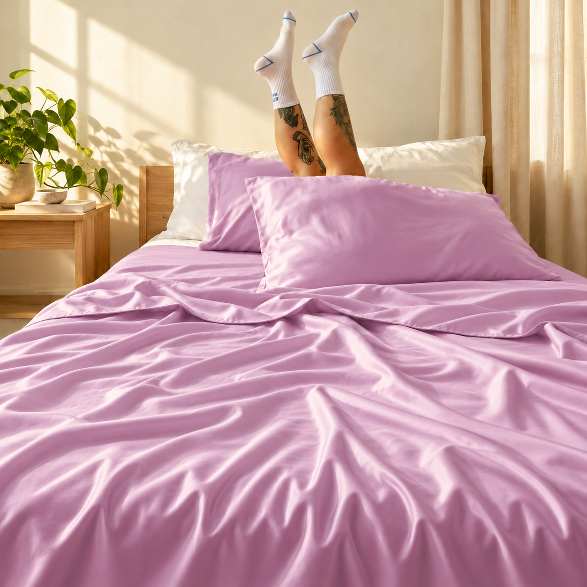 Sábana rosa en cama con almohadas blancas, piernas con calcetines blancos levantadas, luz natural por la ventana