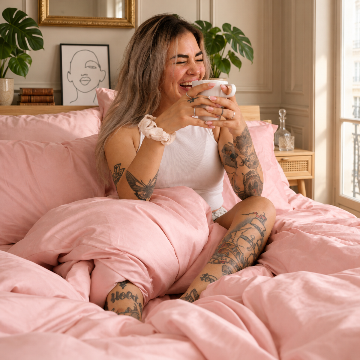 Juego de sábanas de bambú rosa en cama, detalle de la suavidad y comodidad del tejido