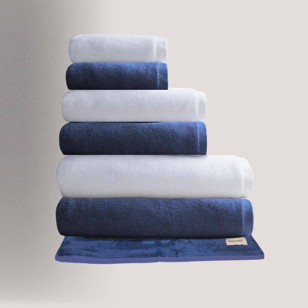 Toalhas de algodão e bambu em azul e branco – macias, ecológicas e de qualidade premium da Momo Cotton