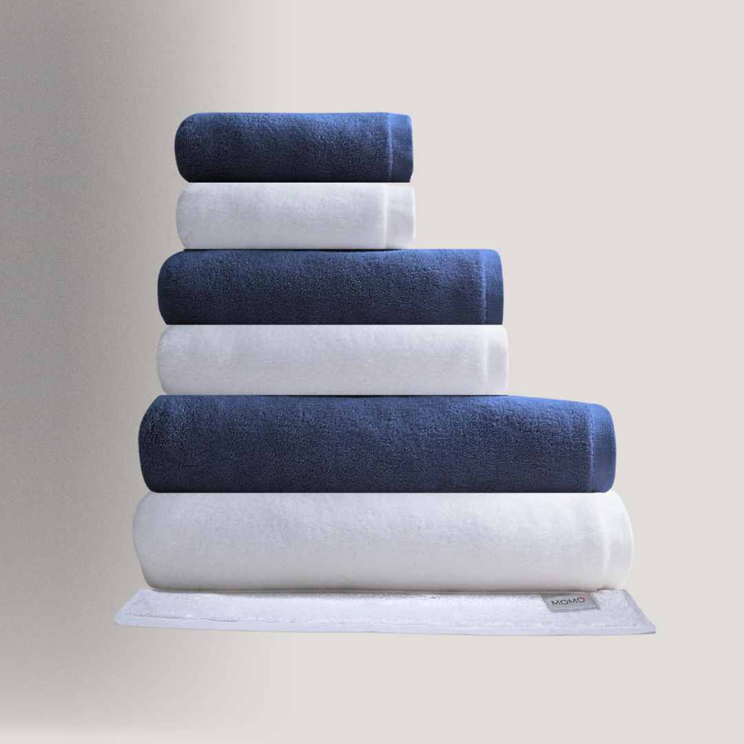 Toalhas de algodão e bambu em azul e branco – macias, ecológicas e de qualidade premium da Momo Cotton
