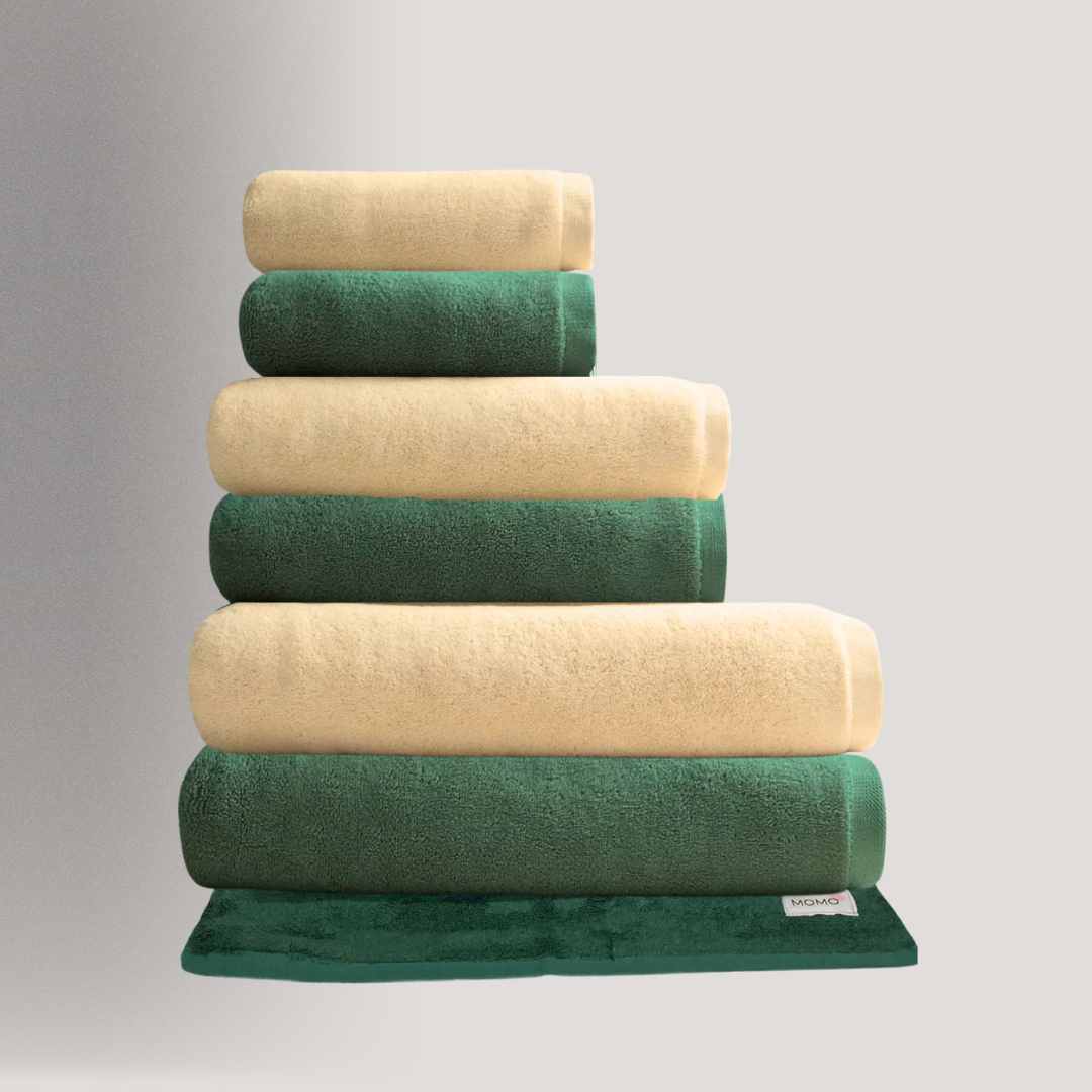 Toalhas de algodão e bambu em verde e bege – luxuosas, absorventes e ecológicas da Momo Cotton