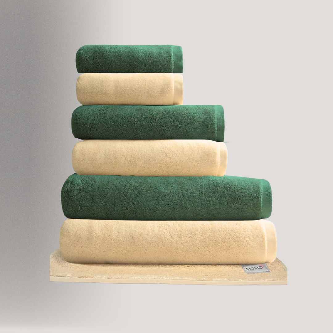 Toalhas de algodão e bambu em verde e bege – luxuosas, absorventes e ecológicas da Momo Cotton