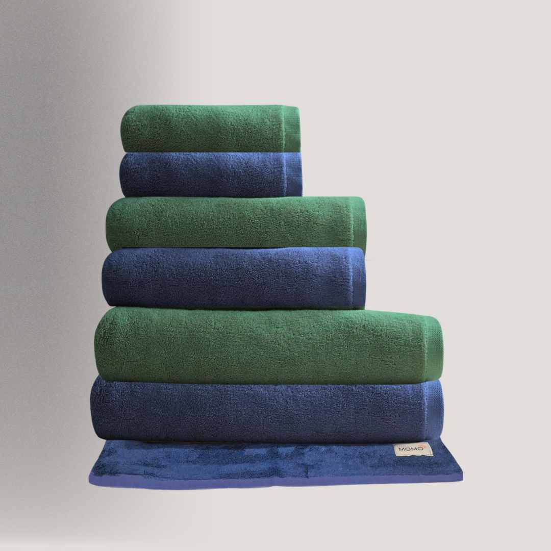 Conjunto de toalhas de algodão e bambu em verde e azul – luxuosas, absorventes e sustentáveis da Momo Cotton