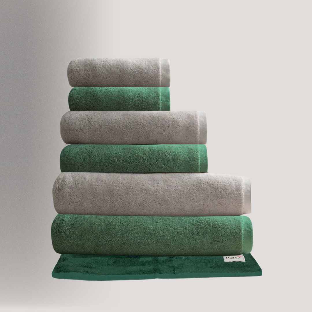Conjunto de toalhas de algodão e bambu em verde e cinza – sustentáveis, ultra macias e absorventes da Momo Cotton
