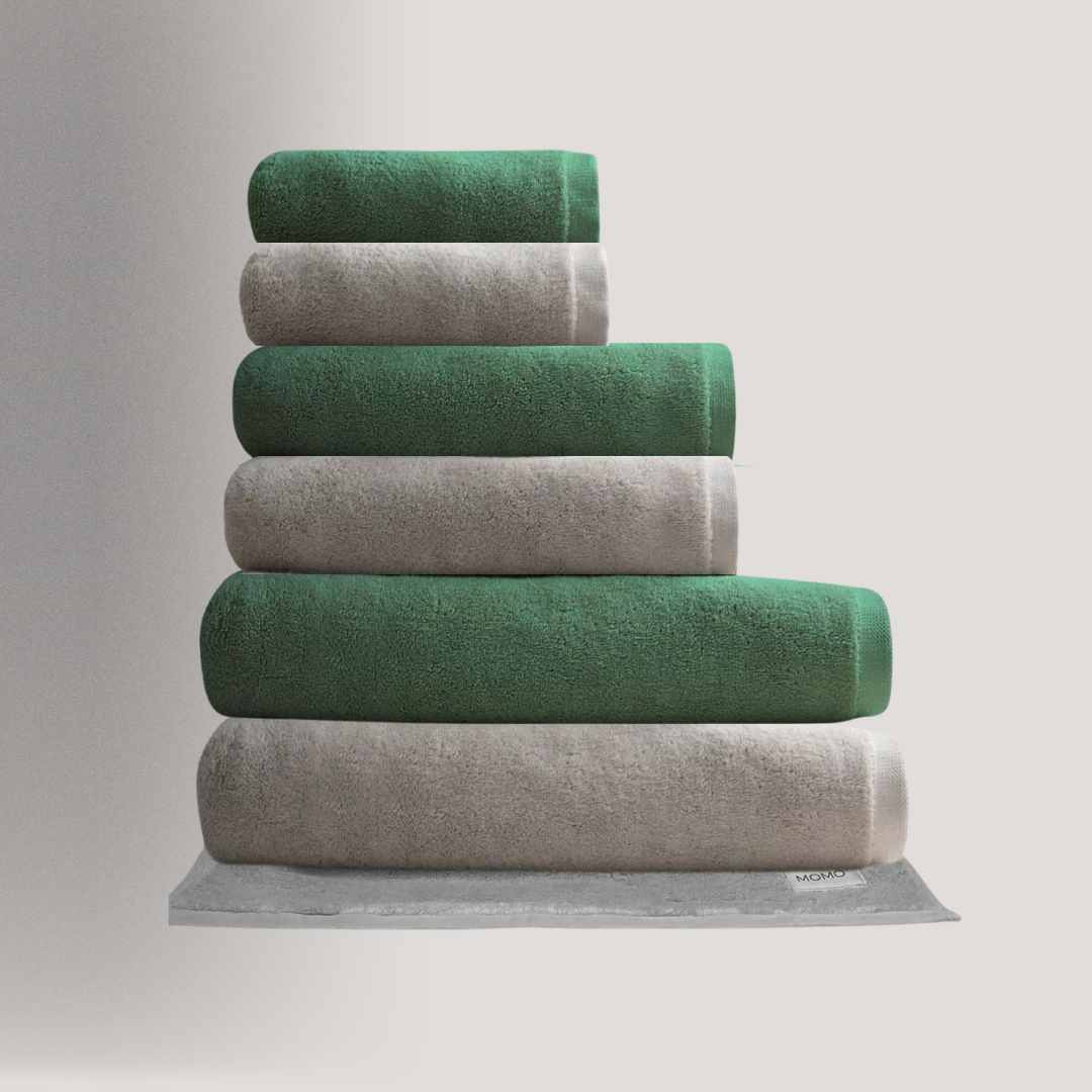 Conjunto de toalhas de algodão e bambu em verde e cinza – sustentáveis, ultra macias e absorventes da Momo Cotton
