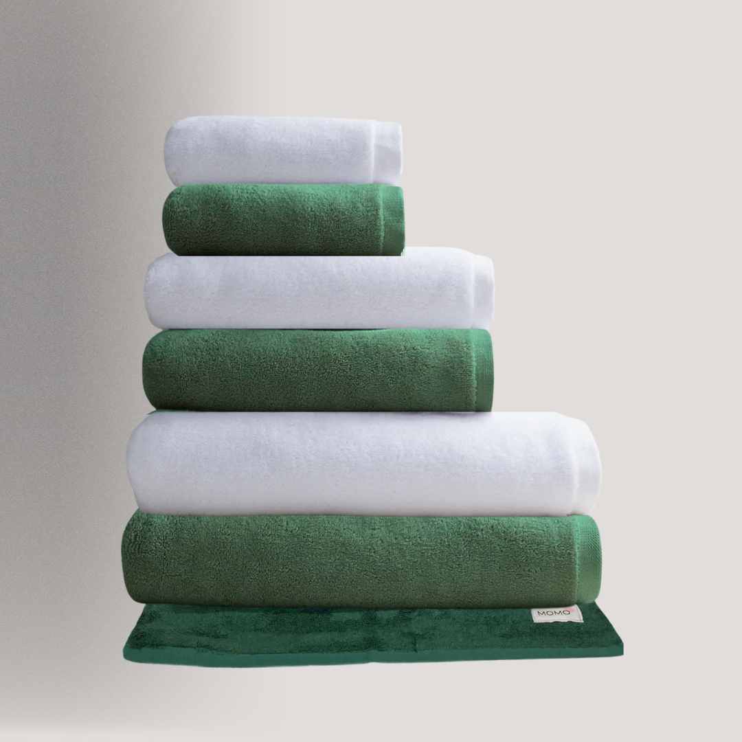 Conjunto de toalhas de algodão e bambu em verde e branco – macias, absorventes e sustentáveis da Momo Cotton