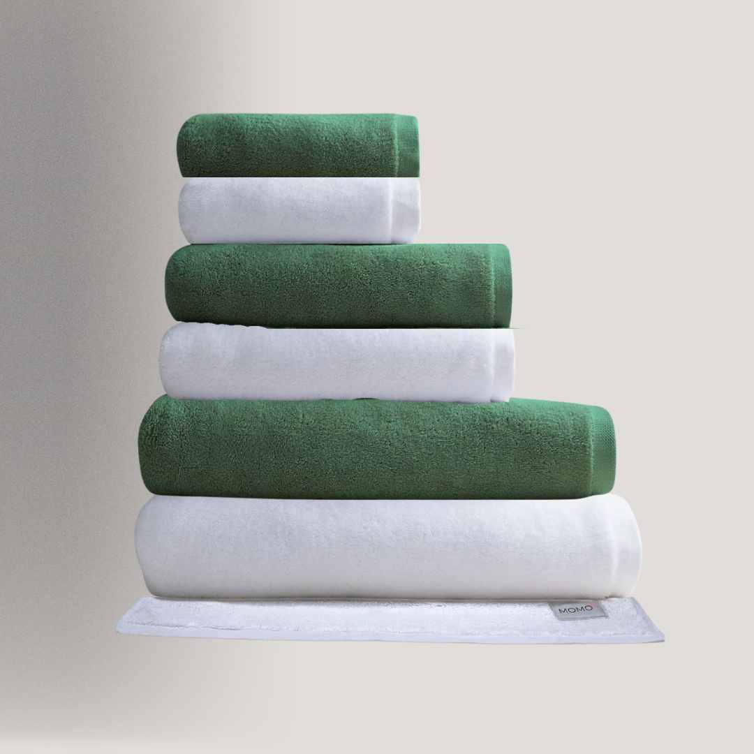 Conjunto de toalhas de algodão e bambu em verde e branco – macias, absorventes e sustentáveis da Momo Cotton