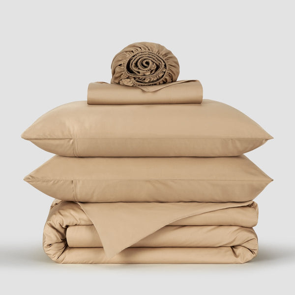 Juego de sábanas Bambú Beige Momo Cotton – satén 300 hilos, suave, transpirable y sostenible.