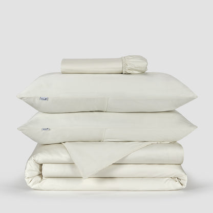 Jogo Capa de Edredão roupa de cama Branco pérola bambu by Momo Cotton – tecido de cetim 300 fios, suave, respirável e sustentável.