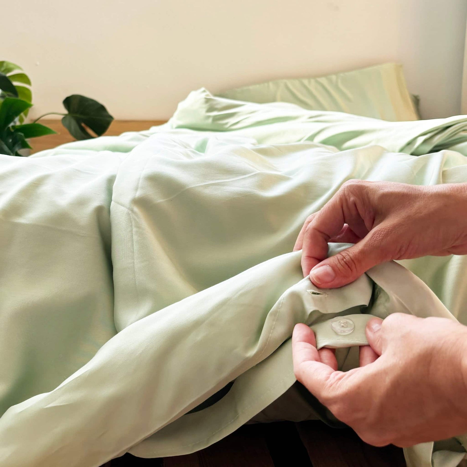 Close-up of buttons on green bamboo duvet – soft, breathable and sustainable bedding