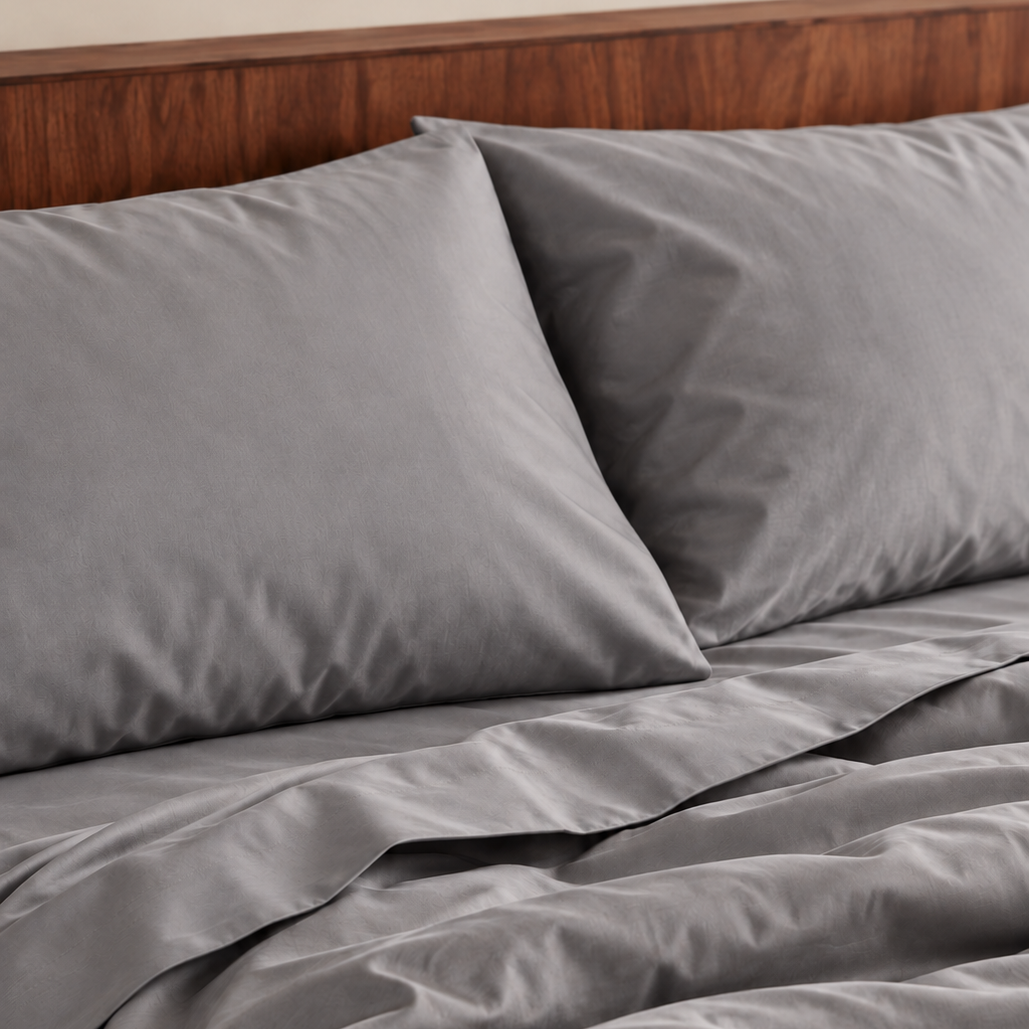 Sábana gris en cama de madera con almohadas, mostrando tela de bambú termorreguadora.