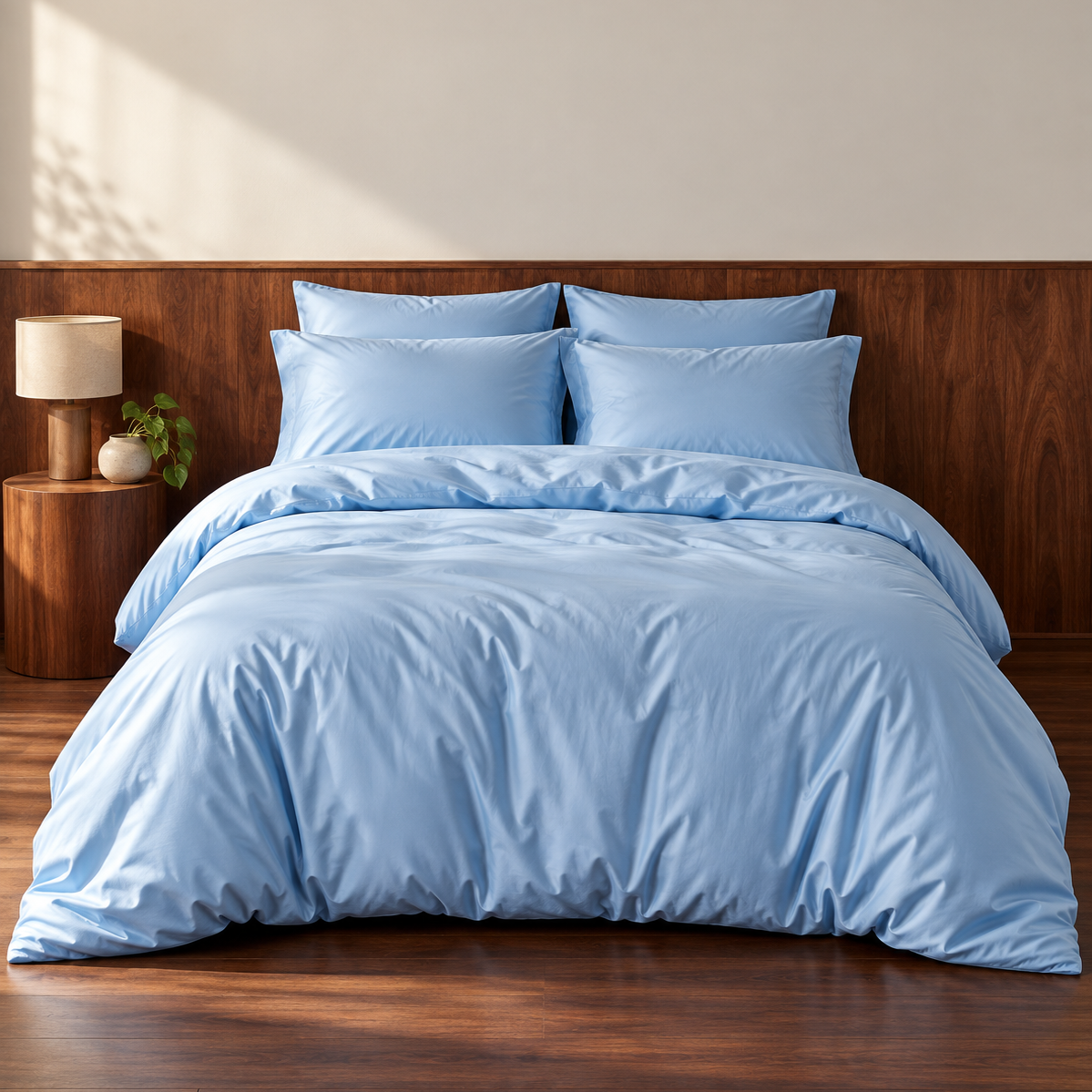 Juego de edredón de bambú azul claro en cama con almohadas, cabecero de madera y mesita de noche