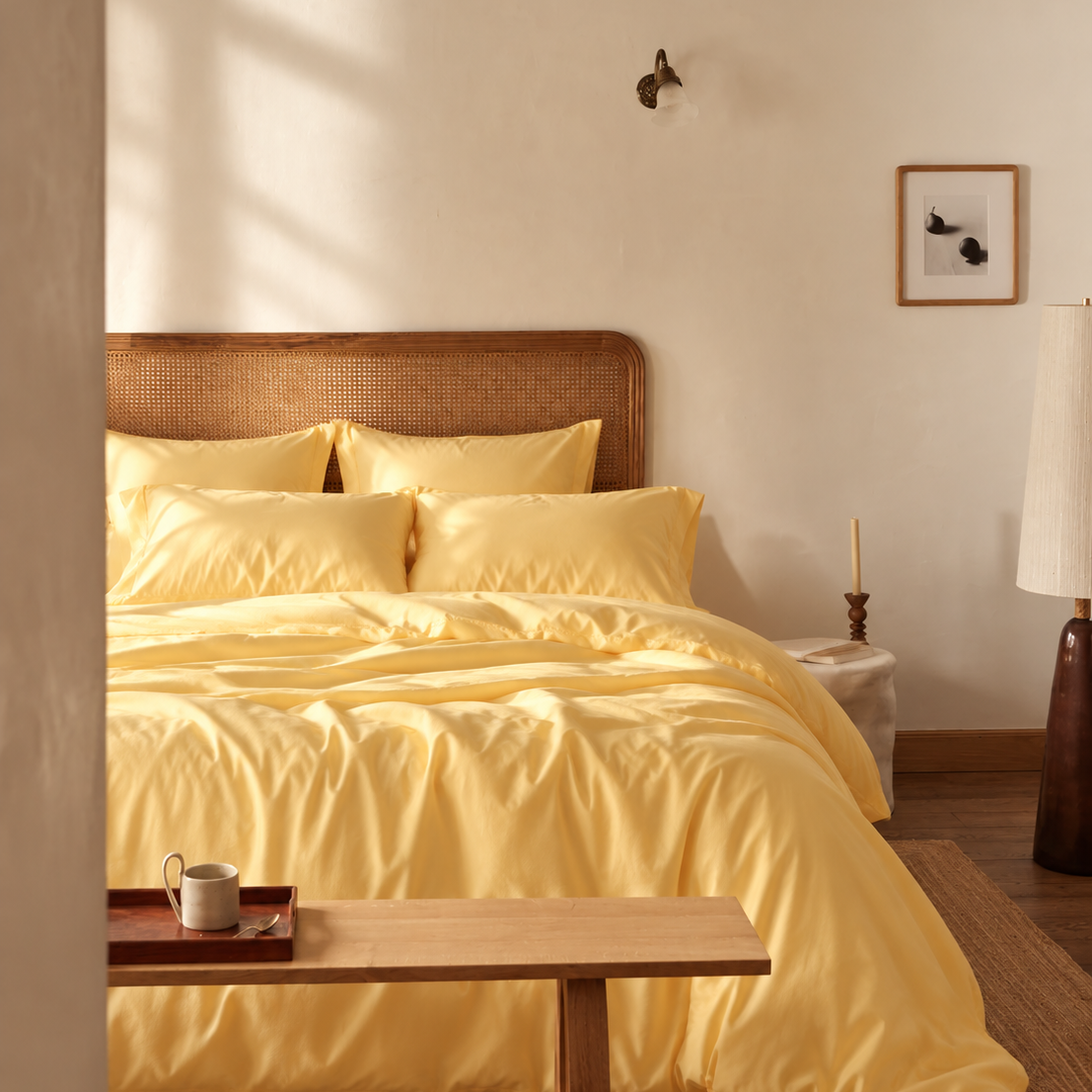 Juego de funda nórdica amarillo claro en cama con cabecera de ratán en dormitorio luminoso