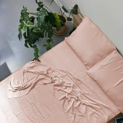 Top view of pink bamboo flat sheet set – sheets and pillowcases, soft, breathable and sustainable bedding