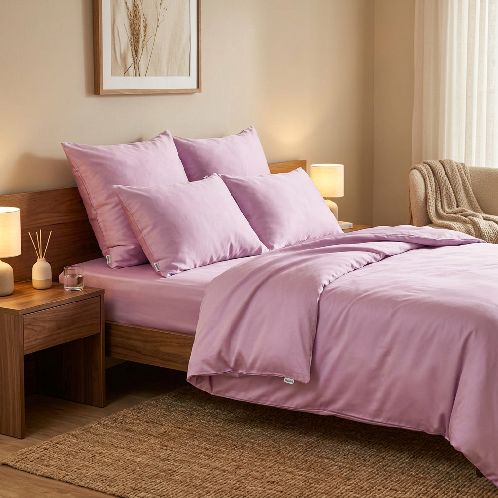 Juego de funda nórdica rosa en cama de madera con almohadas en dormitorio acogedor con tonos neutros