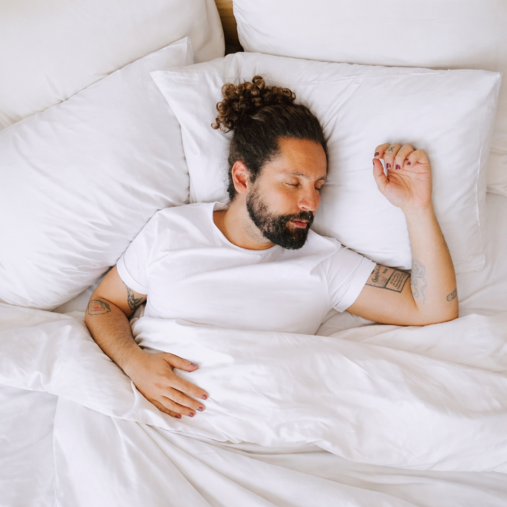 Homem a dormir tranquilamente numa cama com lençóis brancos, envolvido em roupa de cama minimalista e confortável, transmitindo sensação de descanso profundo e bem-estar.