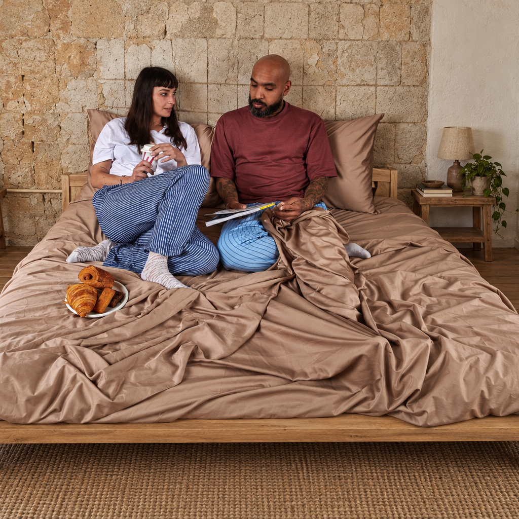 Couple in bed with neutral bedding set, croissants and magazine, bedroom with cork wall.