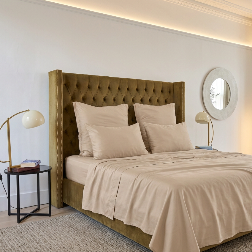 Juego de sábana superior beige en cama con cabecera tapizada, almohadas y espejo redondo en pared